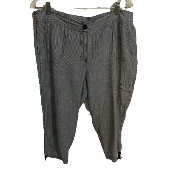 Rafaella Pants Size 12 Linen Blue White Stripes Nautical Ankle Drawstrings Cargo - Picture 1 of 5